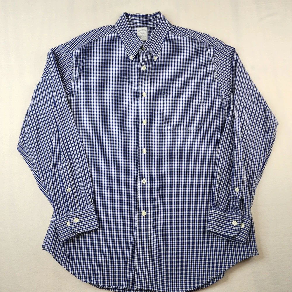Brooks Brothers Regent Shirt Mens Large Blue Black Plaid Button Down Long Sleeve